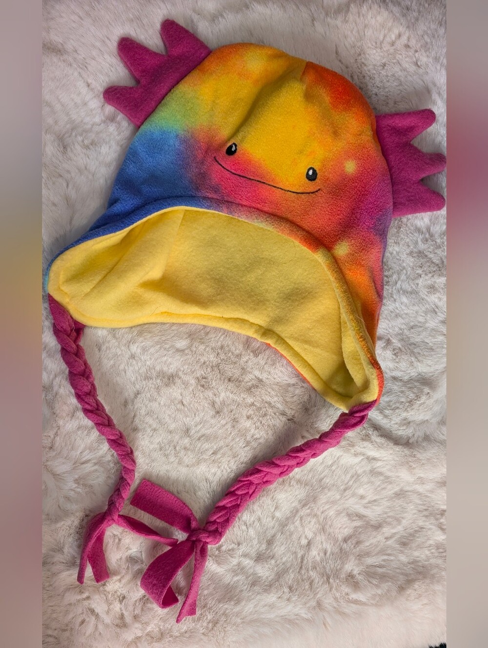 Rainbow Axolotl Plush Earflap Hat - Pink & Yellow